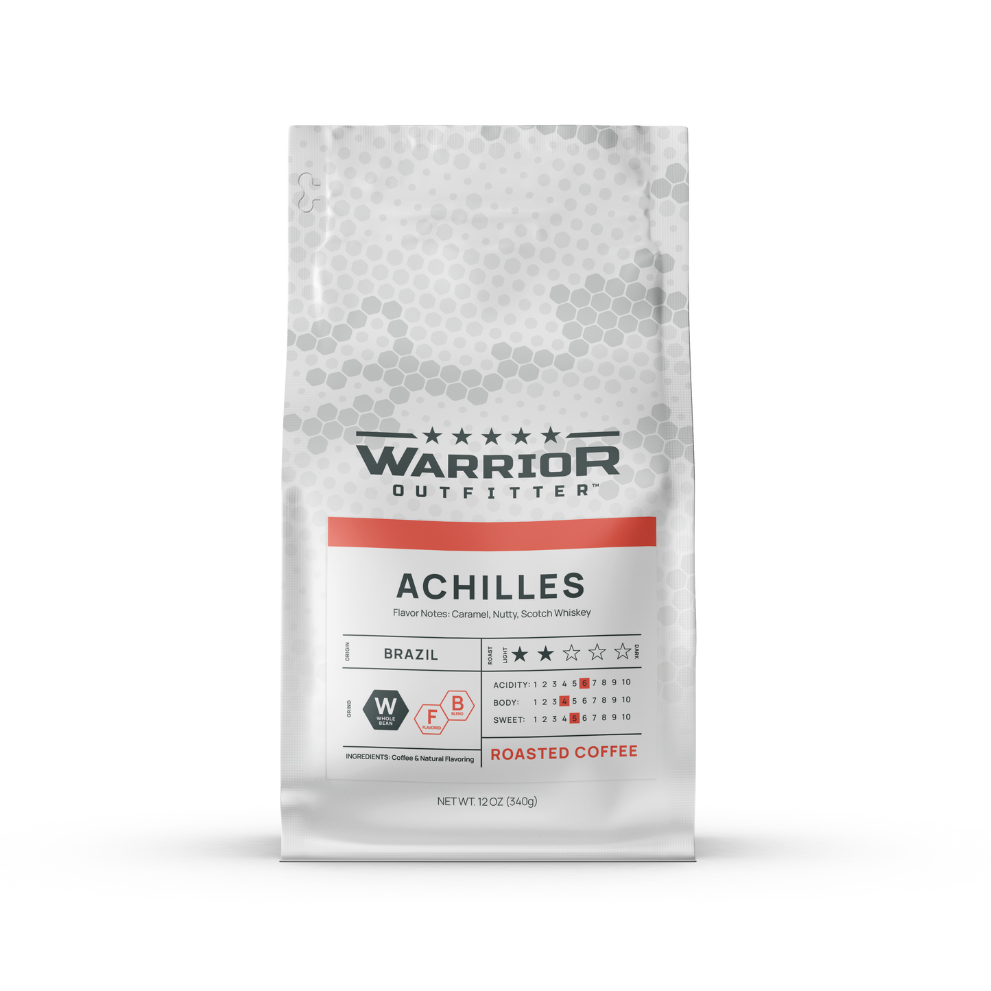 ACHILLES flavored Brazilian coffee with caramel, nutty, and scotch‑whiskey flavor notes.