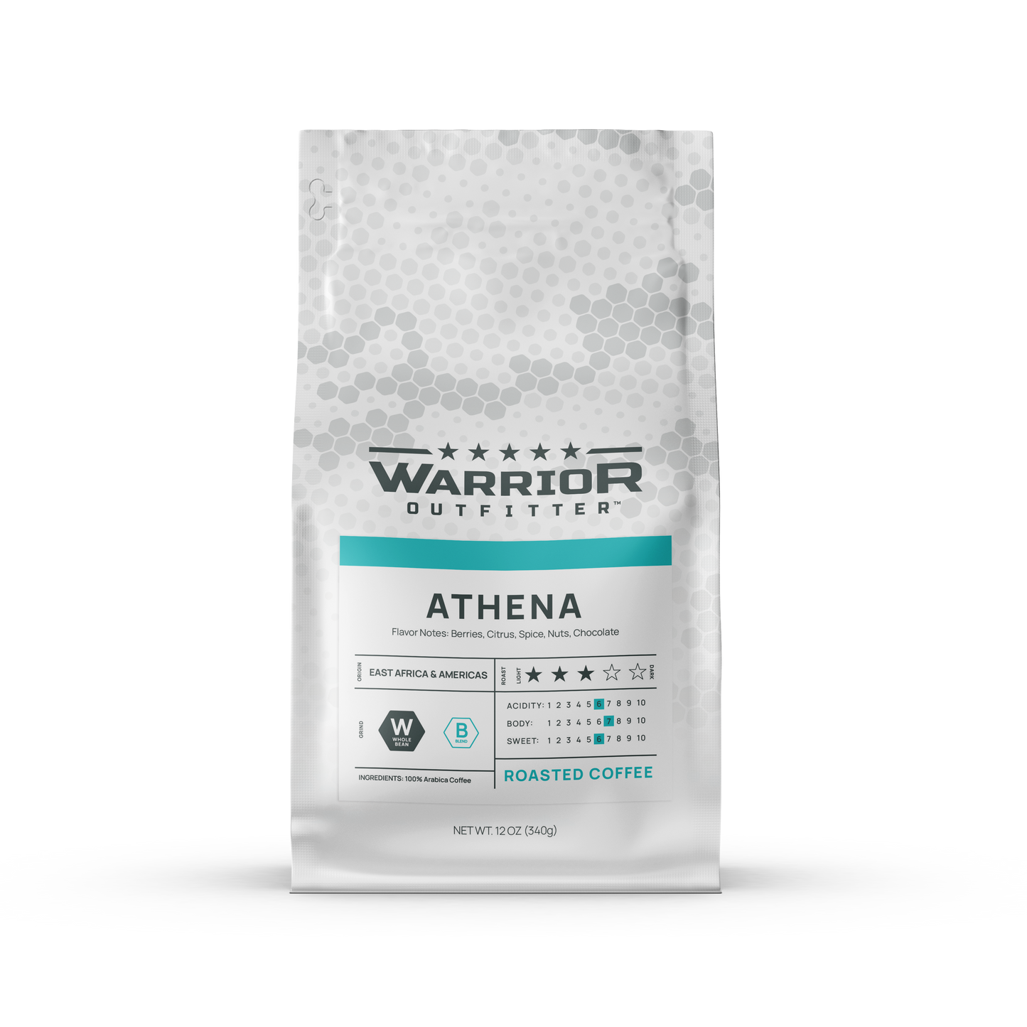 ATHENA espresso blend — medium roast coffee beans with berry, citrus, spice, nut and chocolate notes.