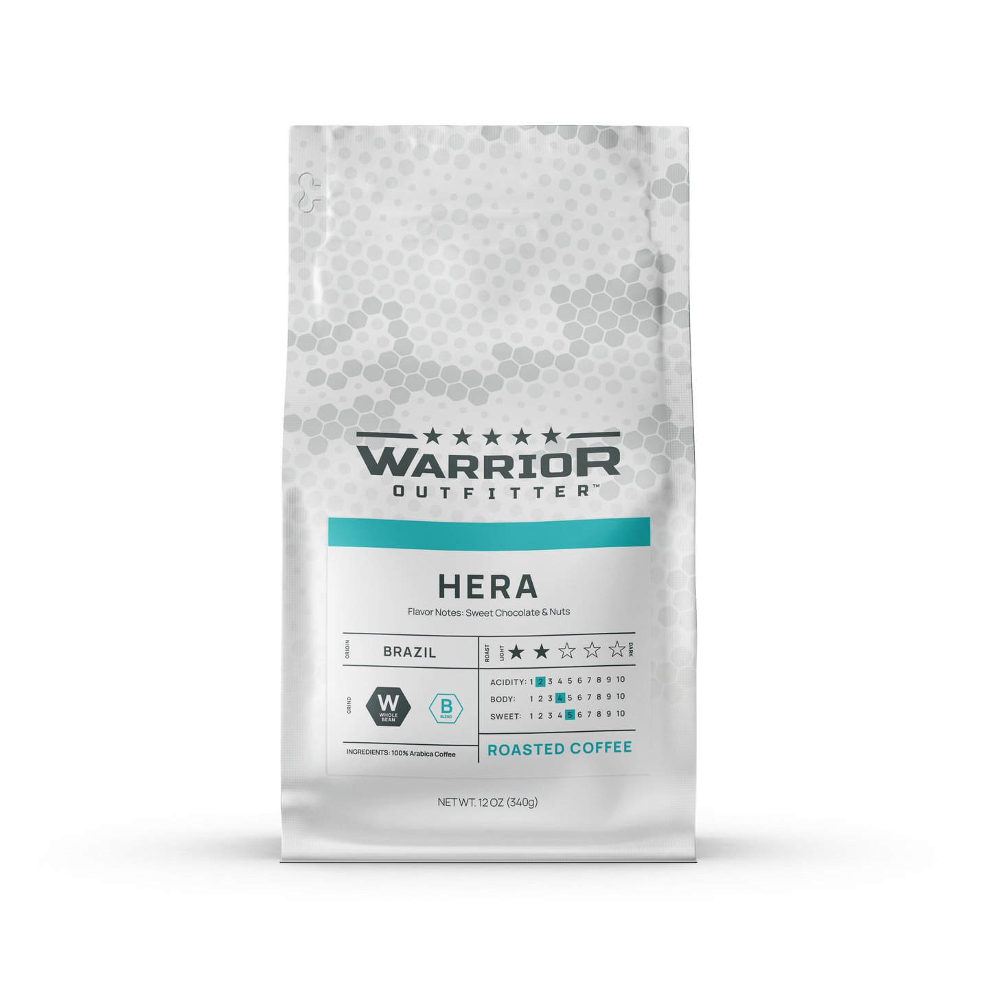 HERA light‑medium roast Brazilian coffee blend with sweet chocolate and nutty flavor notes.